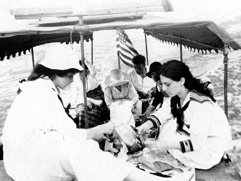 fay_viosca_pics_019 (3164 visits) The AMOEBA under way. L-R: Villa Viosca helping serve, Unknown woman with left hand on head, Uniknow... fay_viosca_pics_019